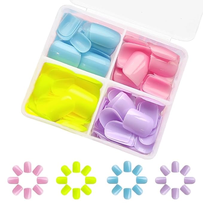 4 Packs (96 Pcs) Square Press on Nails Short Fake Nails Solid Color Press on Nails Pink Green Blue Purple False Nails Pure Color Glue on Nails Gel Fake Nails for Women Kid Stick on Nails 12 Sizes