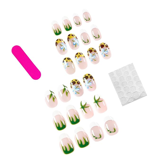 Leopard Print Press on Nails White French Tip Fake Nails Short Almond False Nails with Flower Design Nude Glue on Nails Glossy Acrylic Full Cover Green Grass Stick on Nails for Women Manicure