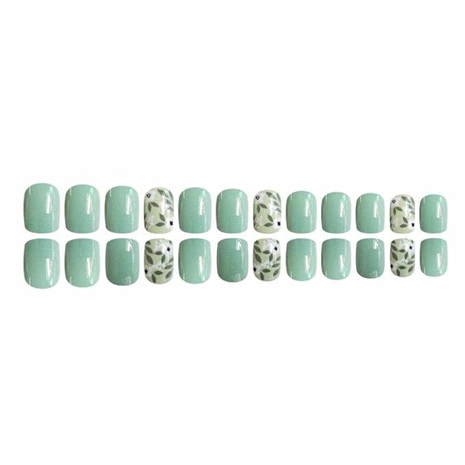 Short Square Fake Nails Green Fake Nails Flower with Leaf Design Cute False Nails Full Cover Acrylic Nails Artificial Nails Glossy Glue on Nails Floral Stick on Nails for Women Manicure 24Pcs