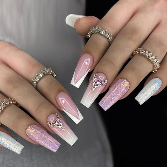 Yivaiks French Nude White Press on Nails Medium | Long Coffin Ballerina glitter Diamond Crystal Glossy Fake Acrylic Nails False Tips Manicure for Women and Girls…