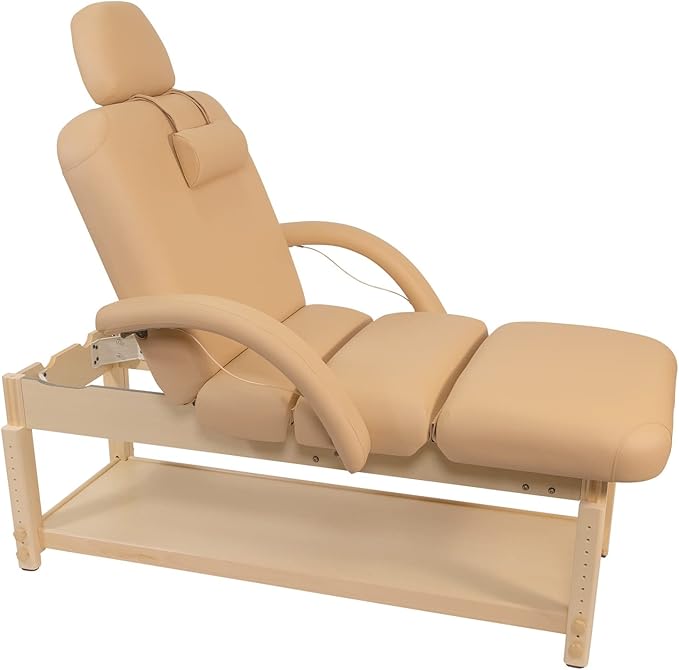 Professional Massage Table - Heavy Duty Stationary Spa Bed with Adjustable Headrest and Pneumatic Lift System - Includes Headrest and Arm Rests - Beige
