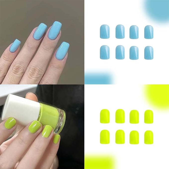 2 Packs 48Pcs Press on Nails Short Square Fake Nails Medium Acrylic Nails Solid Color False Nails Glossy Glue on Nails Blue Green Stick on Nails for Women Girls Nails Decoration