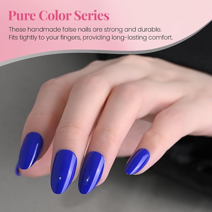 evpct Glossy Press on Nails Short Almond Short for Women, Royal Blue Fake Nail with Glue Salon Quality Reusable Stick on Nails In 15 Sizes 30Pcs Full Cover False Nail Soft Gel Set Kit for Gift, 25