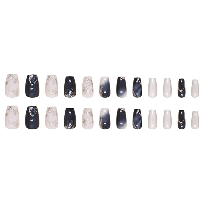 Purple Press on Nails Short Medium Coffin Fake Nails with 3D Embossed Silver Flower Designs White Gradient French Tips False Nails Full Cover Glitter Glossy Stick on Nails for Women 24Pcs