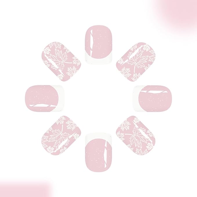 24Pcs Fall Press on Nails Short Square Fake Nail with White Autumn Maple Leaves Designs French Tip False Nail Glitter Pink Acrylic Nails Thanksgiving Glue on Nails for Women Daily Wear