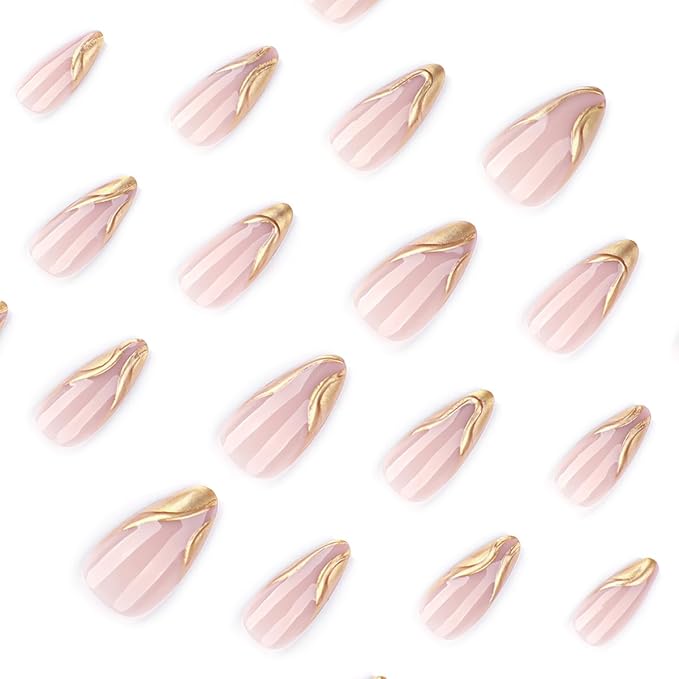 24Pcs Gold French Tip Press on Nails Almond Medium Fake Nails with 3D Irregular Gold Chrome Nail Tips Design Nude Acrylic False Nails Full Cover Glossy Glue on Nails for Women Girls Daily Wear