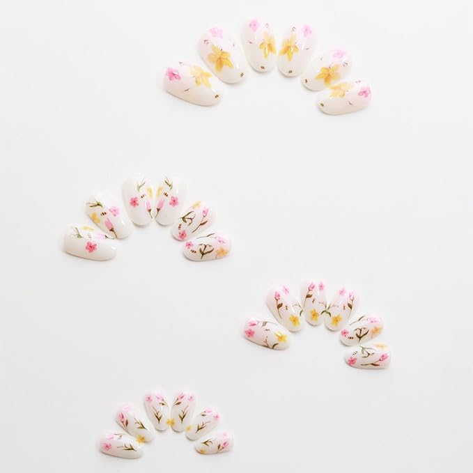 IMRAIN Spring Press on Nails Almond Medium Fake Nails with Cute Flower Designs Floral Artificial Nail Supplies Summer Glossy Glue on Nails Full Cover Stick on Nails for Women 24Pcs