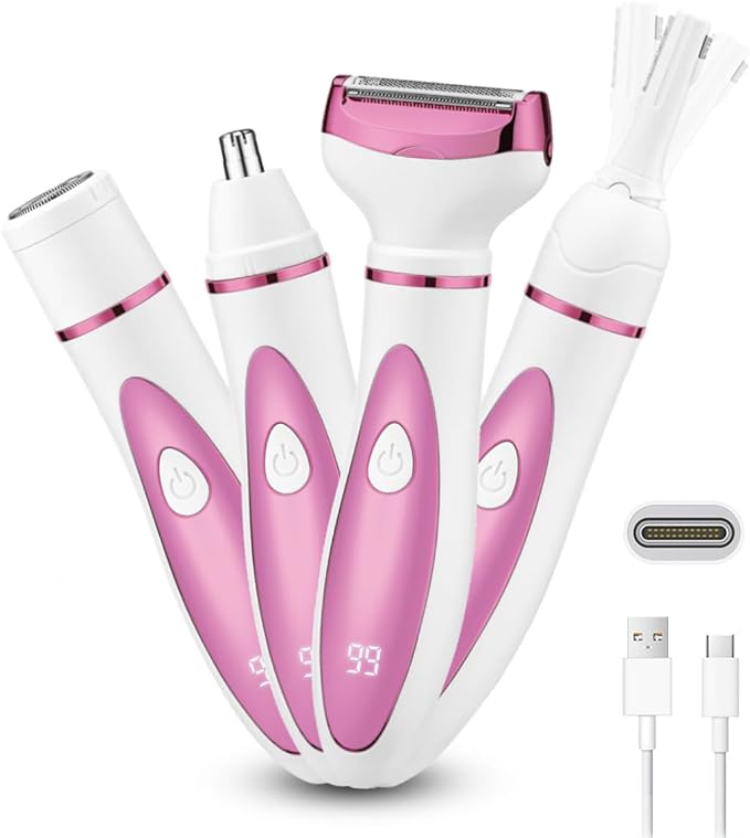 Electric Razor for Women, Bikini Trimmer Womens Shaver for Face Nose Eyebrow Body Leg Pubic Underarm Arm Ladies Rechargeable 4 in 1 Hair Removal Kit Painless Trimming, Gifts for Women (Pink)