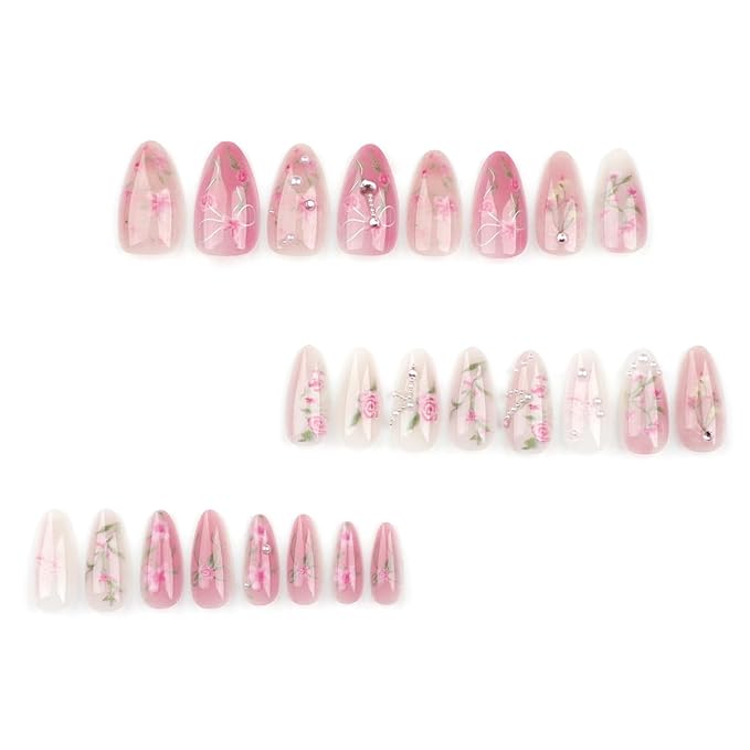 24Pcs Pink Flower Press on Nails Medium Almond Fake Nails Bow Cherry Blossoms with 3D Pearl Rhinestones Design Full Cover Glue on Nails Handmade Press Ons Spring False Nails for Women Acrylic Nails