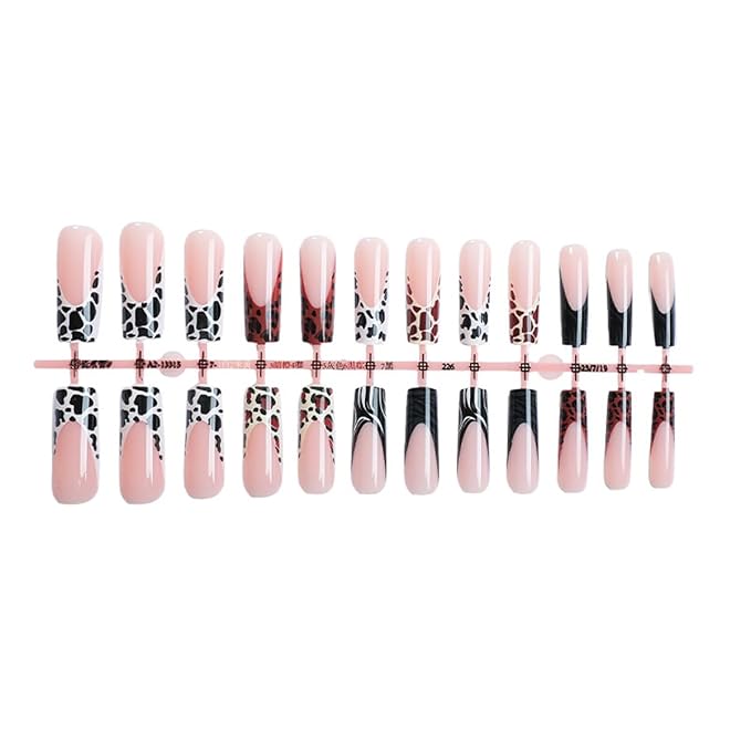 Long Square Press on Nails Leopard Print French Tip Fake Zebra Print Design Fall Nails Full Cover Glossy Glue on Nails for Women 24PCS