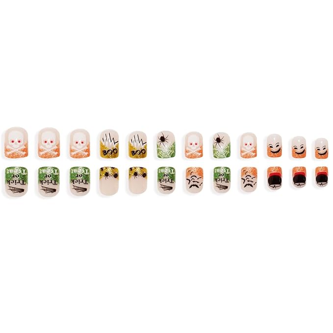 24Pcs Halloween Press on Nails Short Square Fake Nails with Skull Bat BOO Design Orange Green Glitter French Tip False Nail Glossy Spider Web Acrylic Nail Halloween Full Cover Glue on Nails for Women