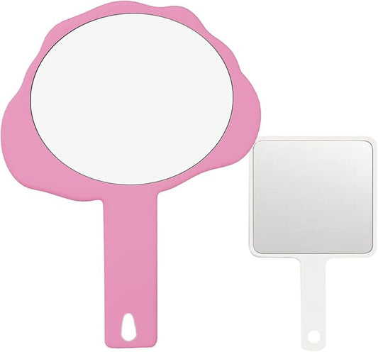 2 Pcs Handheld Mirror with Handle, Plastic Travel Makeup Handheld Cosmetic Hand Mirror for Travel, Pocket Desk Showe Barber, Gift for Your Girlfriend, for Women (Pink, 5.91" Lx 7.87" W)