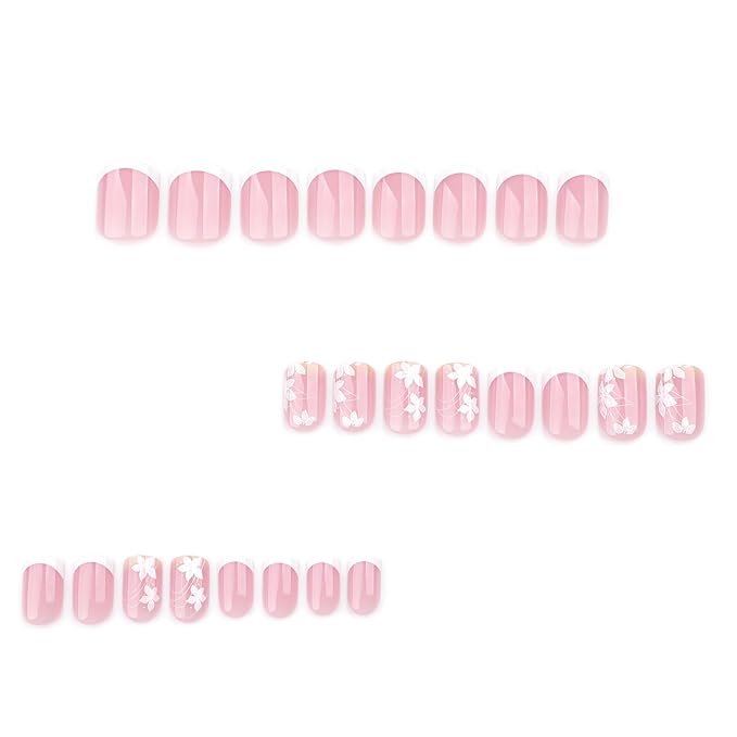 Spring Press On Nails Short Square, Nude Fake Nails with White French Tips Delicately Adorned with White Floral Accents, Glossy Gel Finish Acrylic Nails Press Ons Short Thick Natural Glue On Nails Kit