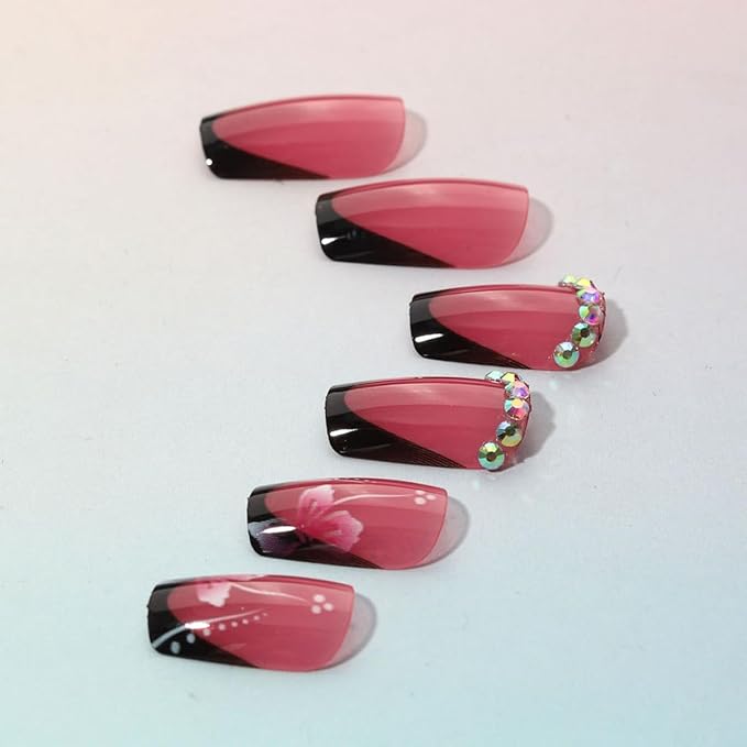 24Pcs Black French Tip Press on Nails Medium Square Flower Fake Nails with Rhinestones Glue on Nails Full Cover Pink False Nails Hibiscus Flower Artificial Stick on Nail Spring Acrylic Nails for Women