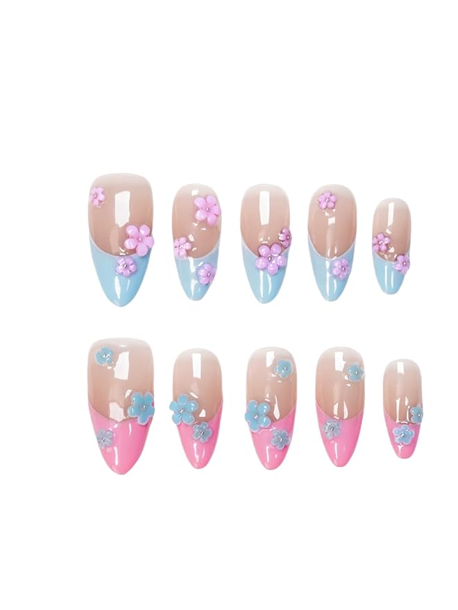 Pink Blue French Tip Press On Nails Flower Medium Almond-3D Floral Handmade Nude-Salon Gel Acrylic Full Set 10pcs Reusable(Floral Fantasy, Size M)