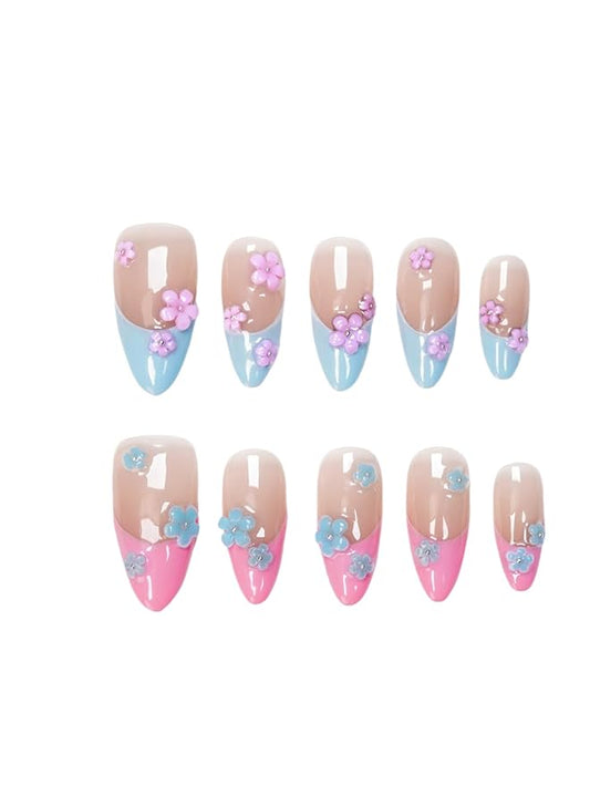 Pink Blue French Tip Press On Nails Flower Medium Almond-3D Floral Handmade Nude-Salon Gel Acrylic Full Set 10pcs Reusable(Floral Fantasy, Size M)