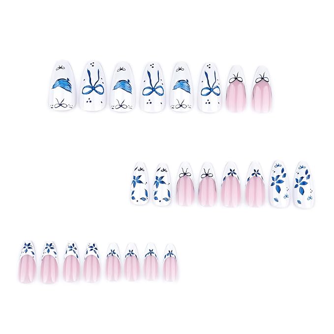 24Pcs French Tip Press on Nails Medium Almond Fake Nails Blue Bow Flower Glossy Design Full Cover Reusable Artificial Nails White Pink Stick on Nails Handmade False Nails for Women Girls Acrylic Nail