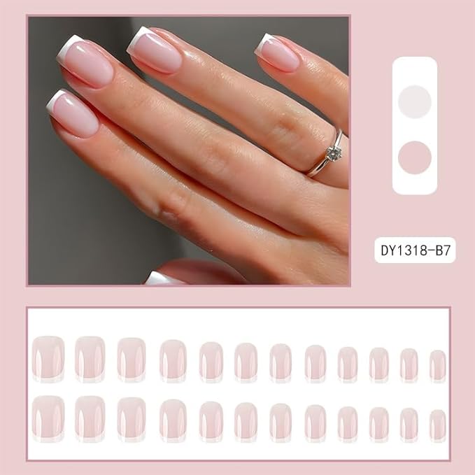 French Tip Press on Nails Short Square Fake Nails Glossy Nude Acrylic Nails with Design Nature False Nails Glue on Nails for Women Girls Nails Kit 24 Pcs, Style 26