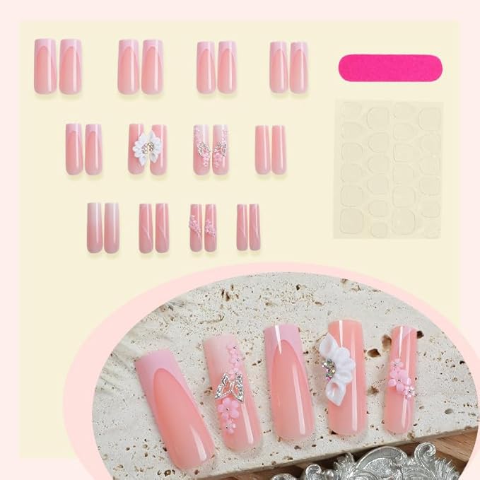 Long Press on Nails Square Fake Nails French Tip False Nails Pink Artificial Nails with Flowers Designs Stick on Nails for Women 24pcs