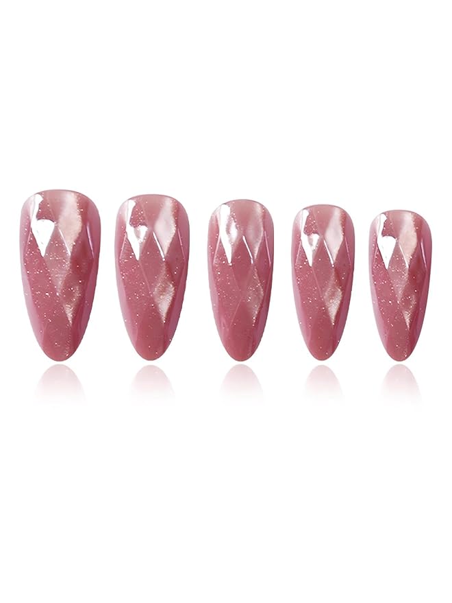 Medium Press on Nails Almond Diamond Fake Nails Elegant False Nail Pink Stick on Nails for Women 24pcs