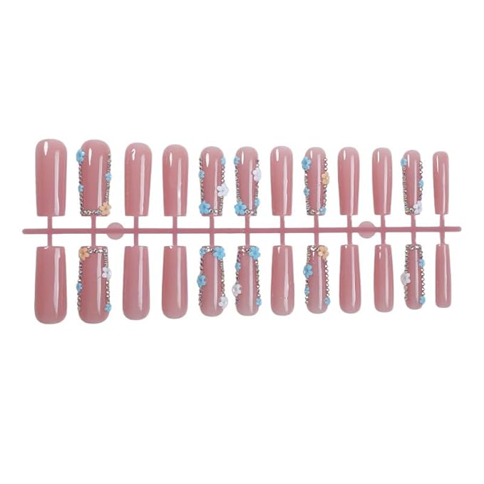 Long Press on Nails Square Fake Nails Rhinestone False Nails with Blue Flowers Artificial Nails Stick on Nails for Women 24pcs
