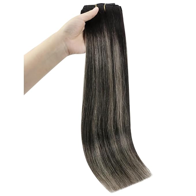 Full Shine Silver Grey Hair Extensions Real Human Hair Clip ins Balayage Black to Silver Double Weft Short Straight Hair Extensions for Women 14 Inch 7 Pcs 120 G