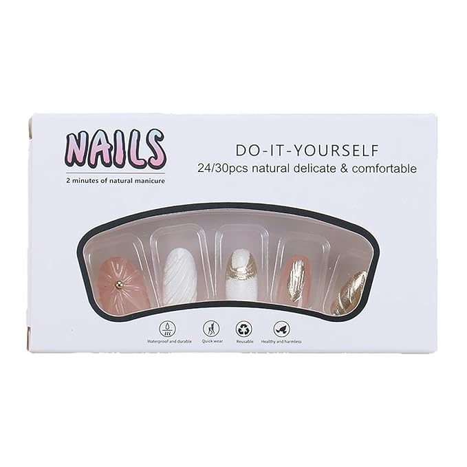 24Pcs Gold Press on Nails Short Oval Fake Nails 3D Artificial Ripple White Pink Full Cover Glue on Nails French False Nails White Gold Stick on Nails for Women Girls Acrylic Manicure Decorations