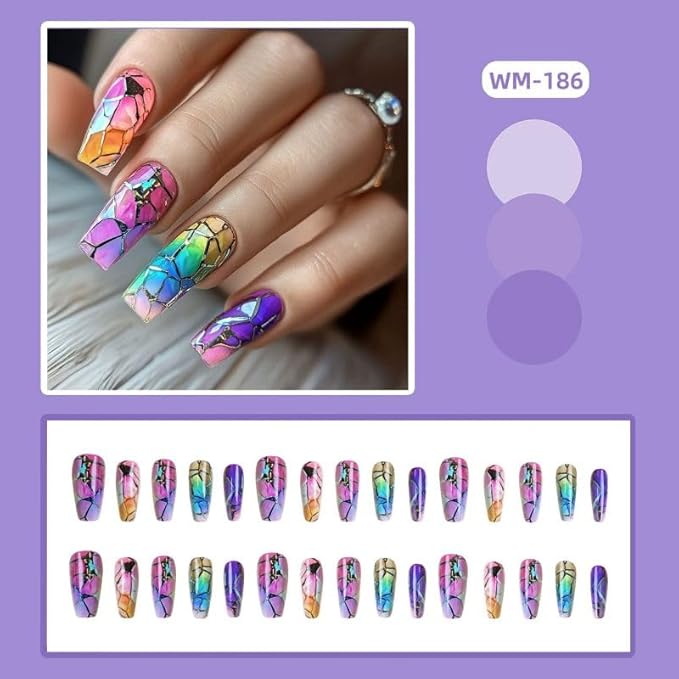 Long Press on Nails Coffin Shape with Marble Design Fake Nails Hot Girl Glue on Nails for Prom and Party Gift for Women 24pcs