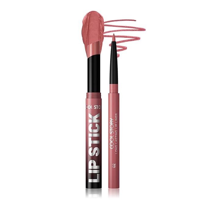 COOL STORY 2 Piece Lip Liner and Lipstick Set, Long Lasting Formula, Professional Makeup Kit (02)