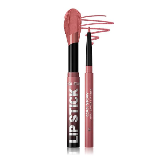 COOL STORY 2 Piece Lip Liner and Lipstick Set, Long Lasting Formula, Professional Makeup Kit (02)