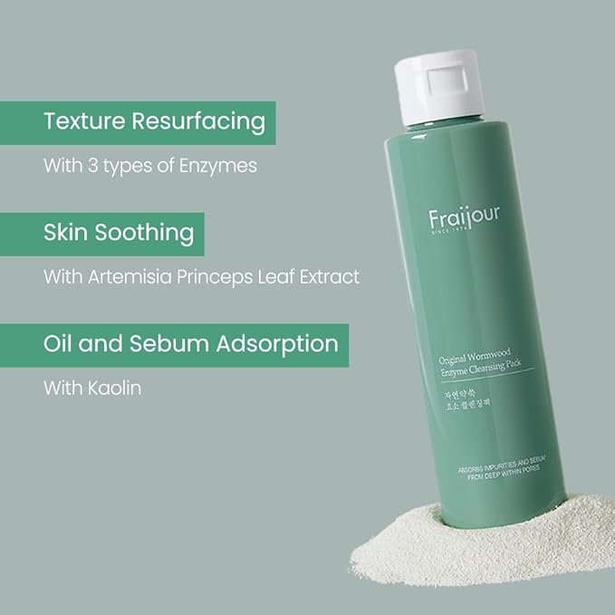 Wormwood Enzyme Cleansing Pack – Korean Powder Face Cleanser & Exfoliant with Papaya Enzyme, AHA BHA PHA, Low pH, Clears Acne & Pores, Smooths Texture, for All Skin Types, 2.82 oz.