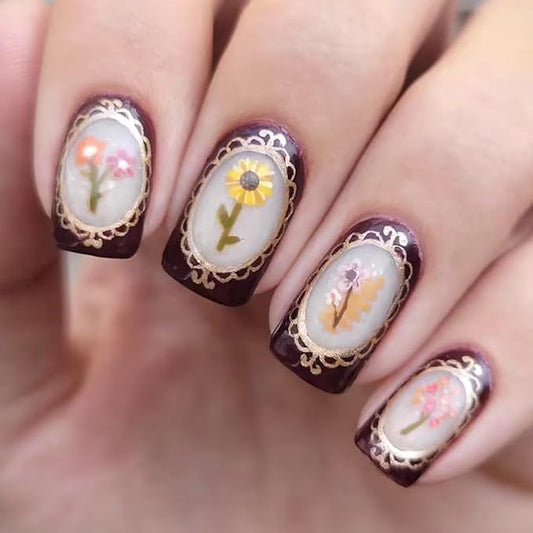 Short French Press on Nails Square Shape Fake Nails Glossy Finish False Nails with Colorful Flower Designs Full Cover Stick on Nails Spring Summer Glue on Nails for Women Nail Art Decorations - 24Pcs