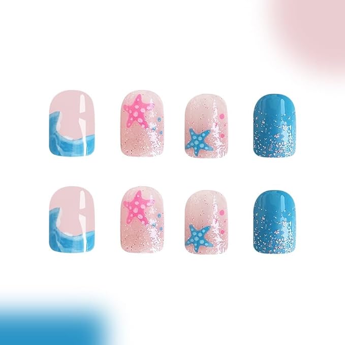 Square Press On Nails Short Fake Nails Starfish With Sea Glitter Design Blue False Nails Summer Glue On Nails Acrylic Full Cover Artificial Nails Glossy Stick On Nails For Women Manicure Art 24pcs