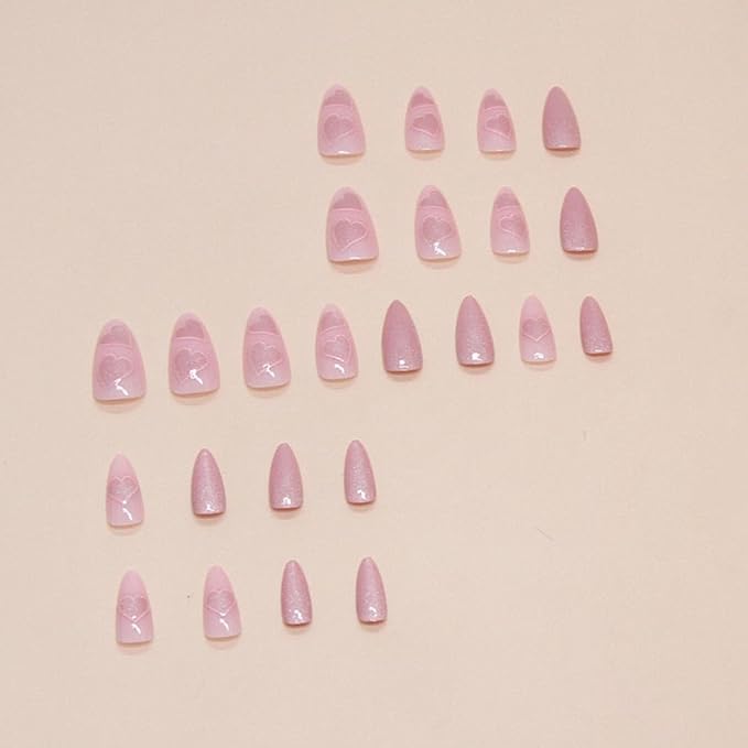 Almond Press on Nails Medium French Tips Pink Glossy Full Cover for Women 24 PCS/Set (Pink Heart French)