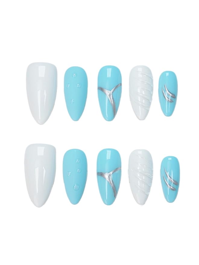 Blue White 3D Press On Nails Medium Almond, 3D Shell Mermaid Raindrop Handmade Gel Acrylic Nails 10pcs with Hand Drawn Silver Lines (Mermaid Tears, Size M)