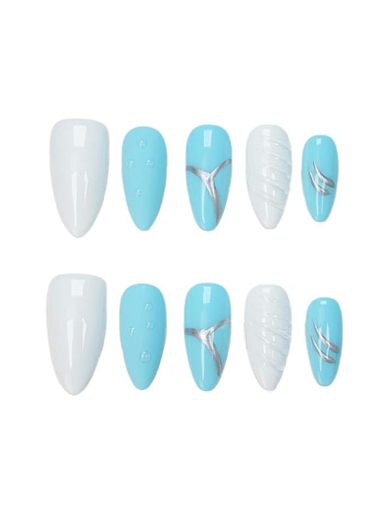 Blue White 3D Press On Nails Medium Almond, 3D Shell Mermaid Raindrop Handmade Gel Acrylic Nails 10pcs with Hand Drawn Silver Lines (Mermaid Tears, Size M)