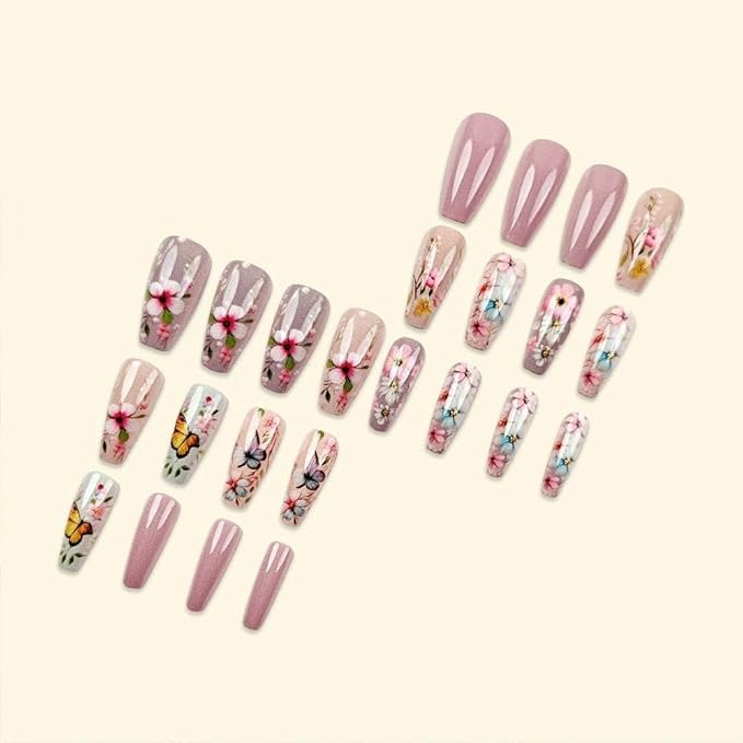 Long Coffin Press on Nails Pink False Nails with Flower Design Full Cover Nails Spring Glue on Nails for Girls