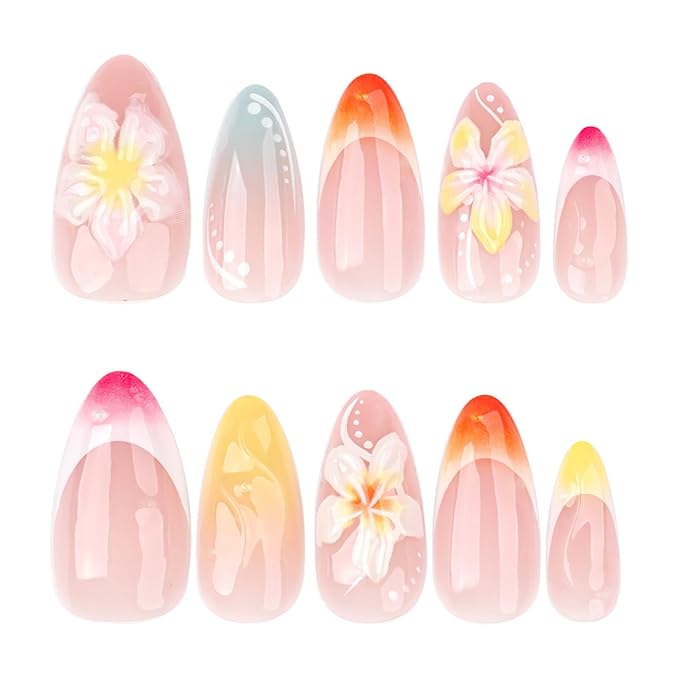 24Pcs Flower Press on Nails Medium Almond Colorful French Tip Fake Nails 3D Hibiscus Full Cover Acrylic Nails Stick on Nails Cute Glossy Designs Summer False Nails for Women Manicure Decorations