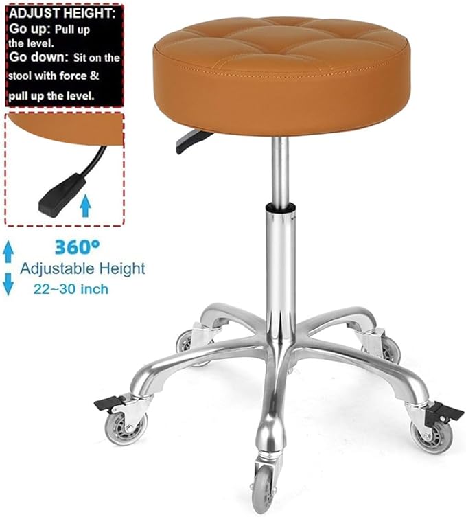 Adjustable Heavy Duty Stool - Rolling Stools with Locking Caster Wheels - Swivel Stools Backless Chair for Home Kitchen Office Shop Tattoo Lash Tech Pedicure (Camel, Height 22 to 30 in)
