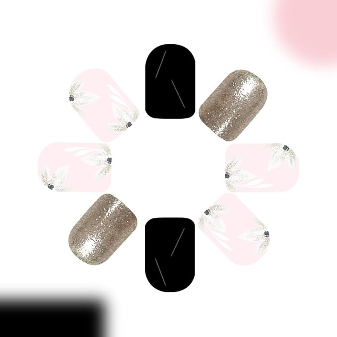 Flower Press on Nails Short Square Fake Nails with Designs Glitter False Nails Black Glossy Full Cover Shiny Acrylic Nails Summer Glue on Nails Cute Artificial Stick on Nails for Women Manicure 24 Pcs