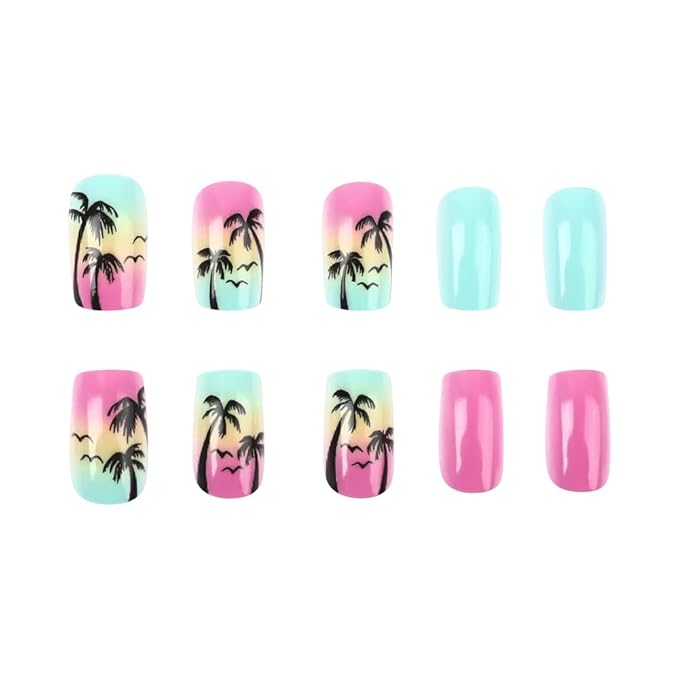 Short Press on Nails Summer Palm Tree Fake Nails Square Acrylic Nails Press ons Glossy Blue Pink Glue on Nails with Twilight Beach Designs Stick on Nails Summer False Nails for Women Girls 24Pcs