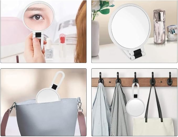 1X 5X Handheld Mirror with Handle for Travel， Magnifying Mirror, Magnification, Rotation Adjustable Handle, Double Sided Folding, Mirror for Women for Eyes Makeup Travel Shaving (White)