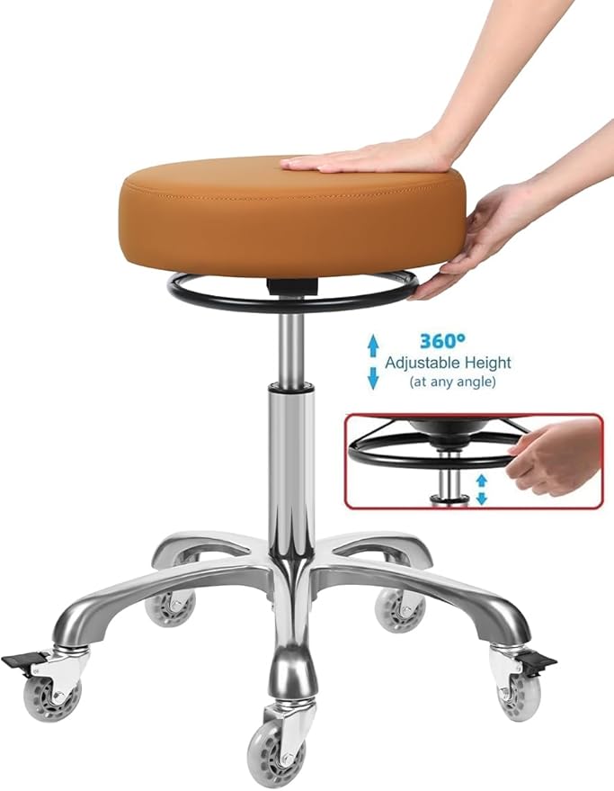 Salon Rolling Stools with Locking Wheels - Adjustable Swivel Stool Chair Heavy Duty 400 lbs Thick Cushion Hydraulic Shop Stool for Tattoo Facial Massage Kitchen Counter Salon Spa Medical Garage(Camel)