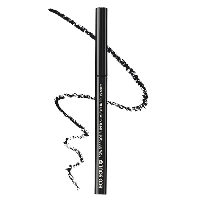 THESAEM Eco Soul Powerproof Super Slim Eyeliner - Smudge Proof Gel Eyeliner - Micro Precision Tip (2mm) - Highly Pigmented & Long-lasting Eye Makeup Glides on Smoothly, 0.1g (BK01 Night Black)