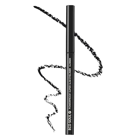 THESAEM Eco Soul Powerproof Super Slim Eyeliner - Smudge Proof Gel Eyeliner - Micro Precision Tip (2mm) - Highly Pigmented & Long-lasting Eye Makeup Glides on Smoothly, 0.1g (BK01 Night Black)