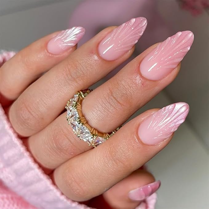 Almond Press on Nails Medium 3D Fake Nails Pink Cat Eye Acrylic Nails Glossy Ombre False Nails Jelly Line Design Full Cover Gradient Glue on Nail Press ons for Women Girls Manicure & Nail Art