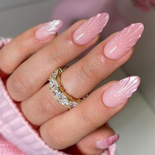 Almond Press on Nails Medium 3D Fake Nails Pink Cat Eye Acrylic Nails Glossy Ombre False Nails Jelly Line Design Full Cover Gradient Glue on Nail Press ons for Women Girls Manicure & Nail Art