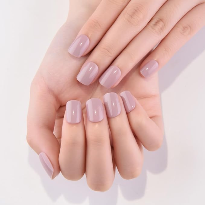 evpct Mauve Pink Glossy Press on Nails Short Square, Glossy Mauve Fake Nails Summer Reusable, Acrylic False Nail Stick Glue on Press ons for Women Gifts, Perfectly Fit False Nail Kit with Glue 30Pcs