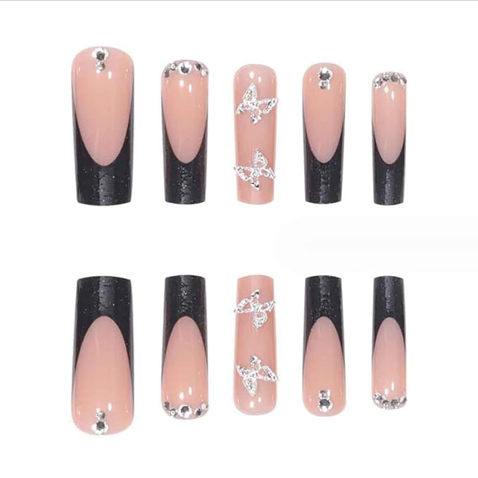 Press on Nails Long Rhinestone Pink Fake Nails Black Square Bling Glossy Artificial Nails Finger Manicure for Women and Girls-24pcs (Long Nails 1)