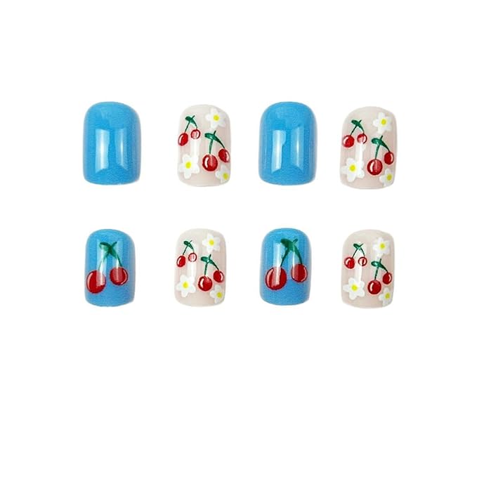 Cherry Press on Nails Short Square Fake Nails Flower False Nail Floral Glossy Full Cover Acrylic Nail Blue Glue on Nails Artificial Cute Stick on Nail for Women Manicure 24Pcs